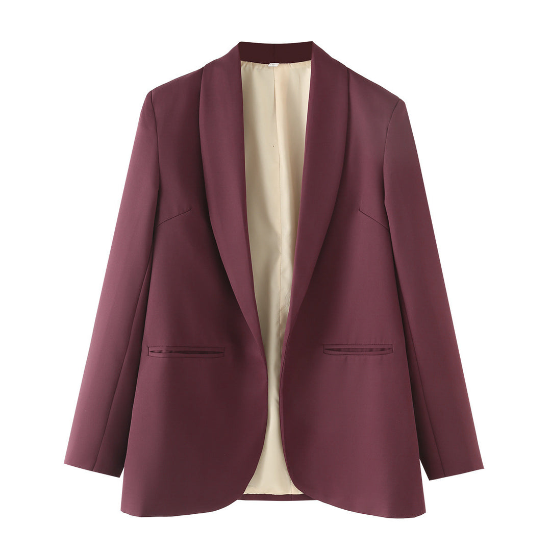 Ladies long blazer with shawl collar, unstructured fall and piped welt pockets Mune Fashion