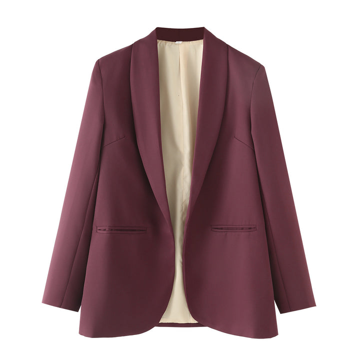 Ladies long blazer with shawl collar, unstructured fall and piped welt pockets Mune Fashion