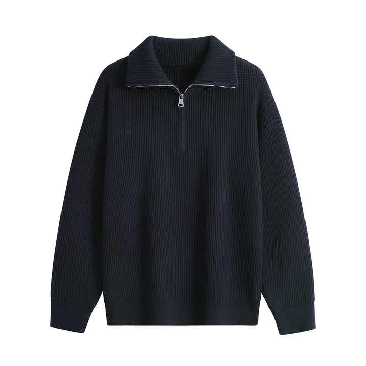 Men's Half-Zip Knit Sweater with Ribbed Texture and Large Turn-Down Collar Mune Fashion
