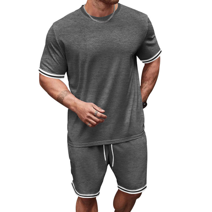 Men's casual jersey set consisting of short-sleeve shirt and bermuda shorts with contrasting stripes, elastic waistband, and insert pockets Mune Fashion