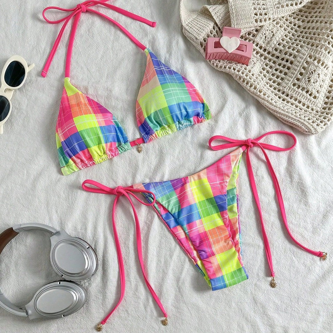 Women Multicolored Checkered Triangle Bikini with Side Ties Mune Fashion