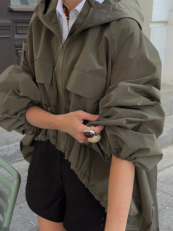Women Oversized Utility Hooded Jacket with Drawstring, Flap Pockets and Elastic Cuffs Mune Fashion