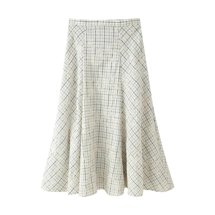 Women's A-line maxi skirt with check pattern and floral lace embroidery Mune Fashion