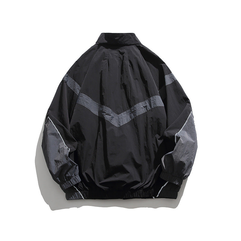 Men's Lightweight Oversize Windbreaker Jacket with Chevron Panels, Stand Collar and Elastic Hem Mune Fashion