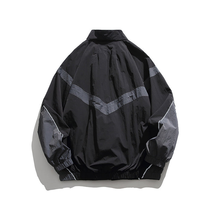 Men's Lightweight Oversize Windbreaker Jacket with Chevron Panels, Stand Collar and Elastic Hem Mune Fashion