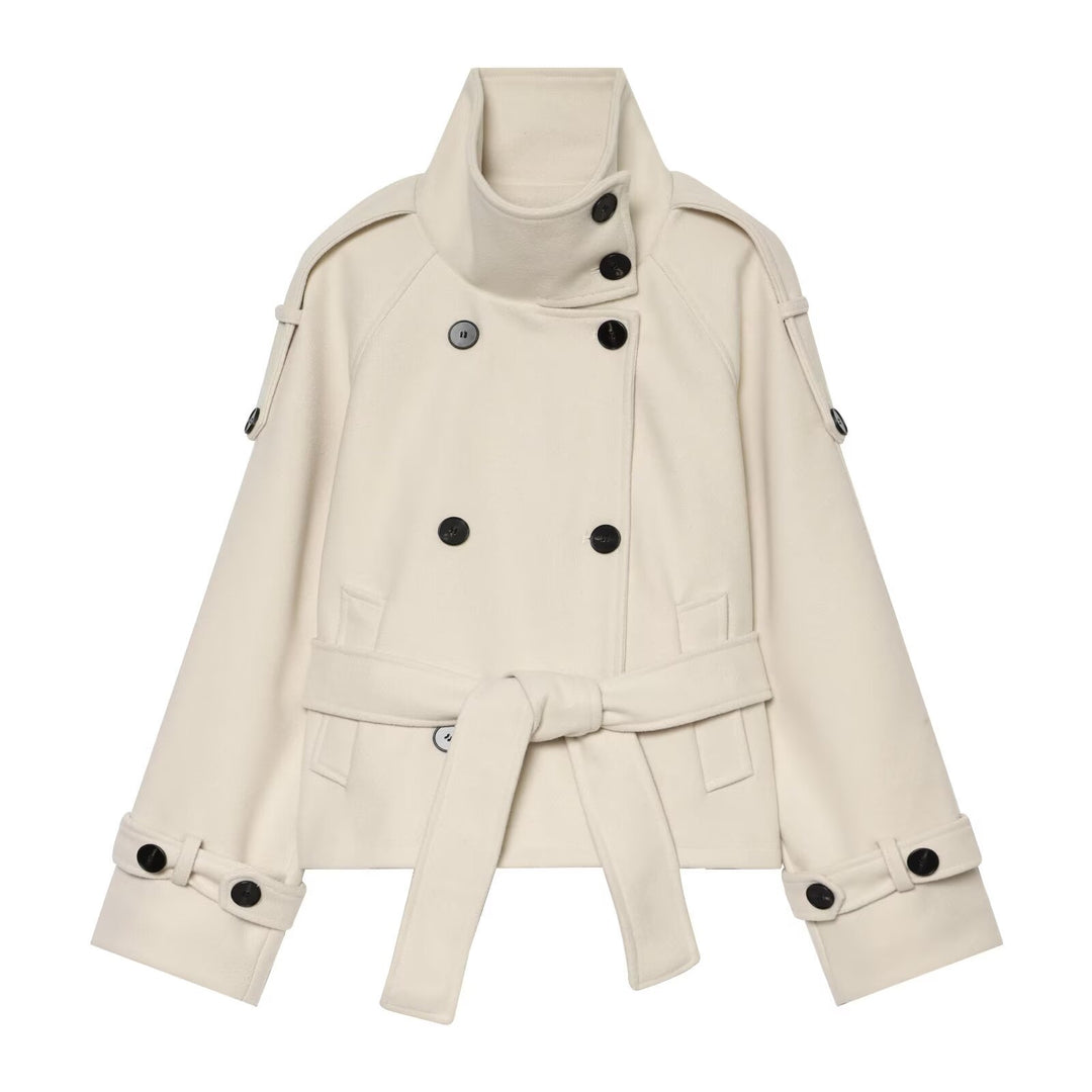 Ladies short cape jacket made of wool blend with high standing collar, double-breasted and tie belt Mune Fashion