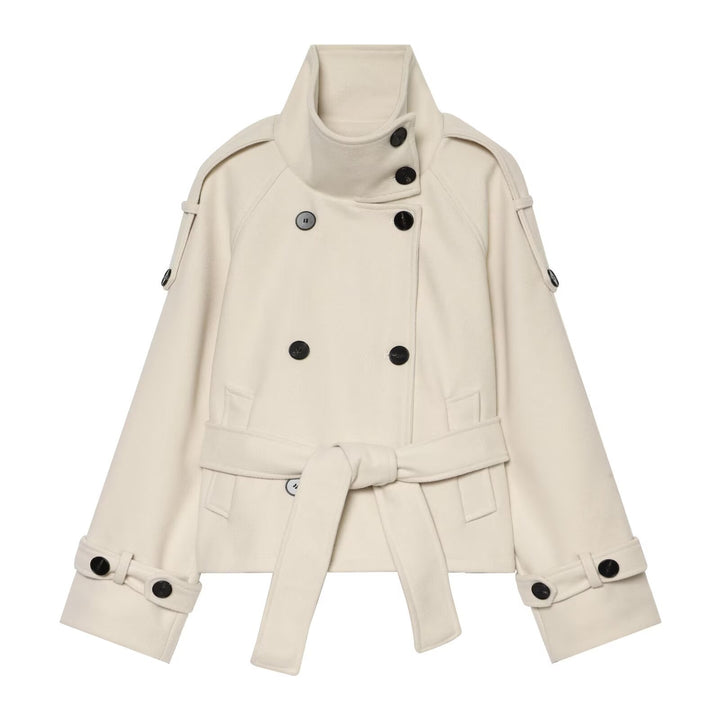 Ladies short cape jacket made of wool blend with high standing collar, double-breasted and tie belt Mune Fashion