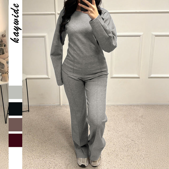 Women's soft lounge set with fitted sweatshirt, sculpting seam details, and wide palazzo pants leg Mune Fashion