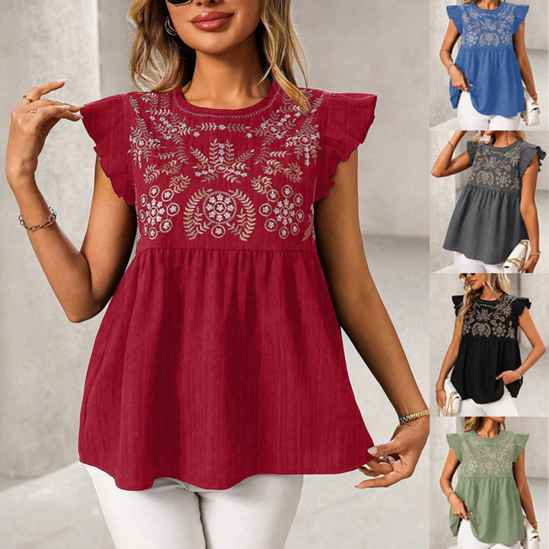 Women Loose Embroidered Babydoll Top with Ruffle Sleeves Mune Fashion