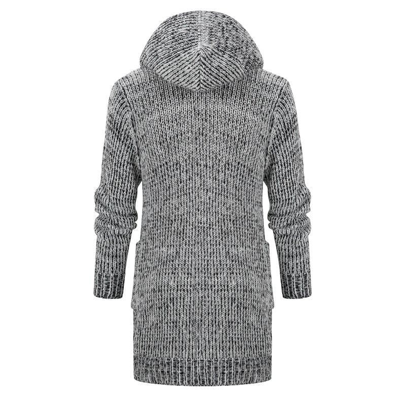Women's Long Hooded Knit Cardigan with Deep Ribbed Texture and Patch Pockets Mune Fashion