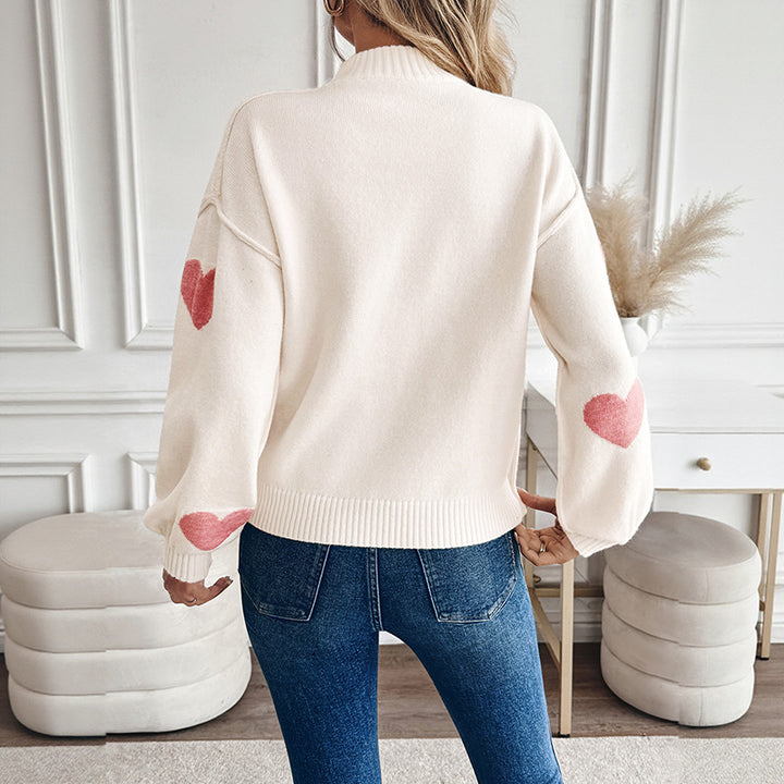 Women's Cozy Knit Sweater with Heart Jacquard and High Collar Mune Fashion
