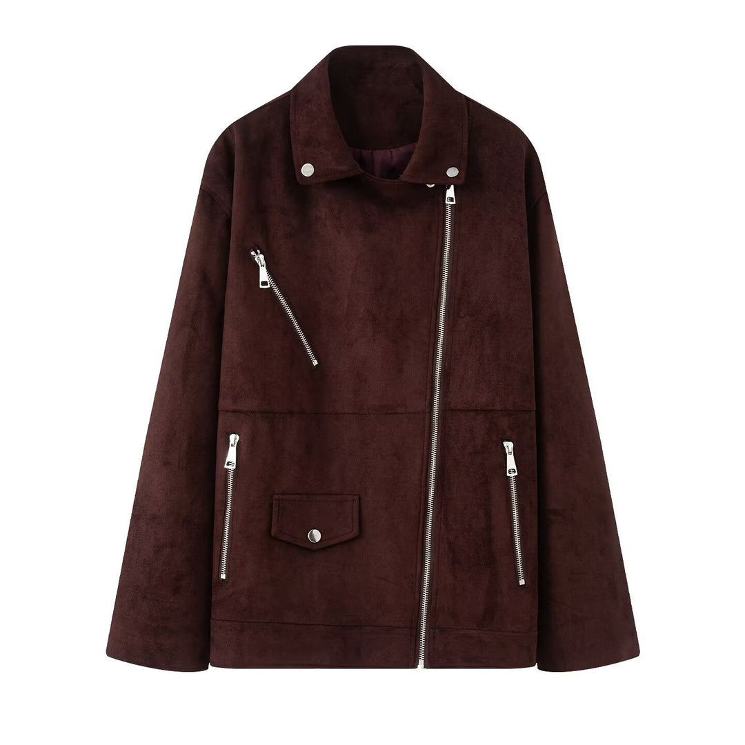 Women's long oversized biker jacket in velour look with diagonal zipper and multiple pockets Mune Fashion