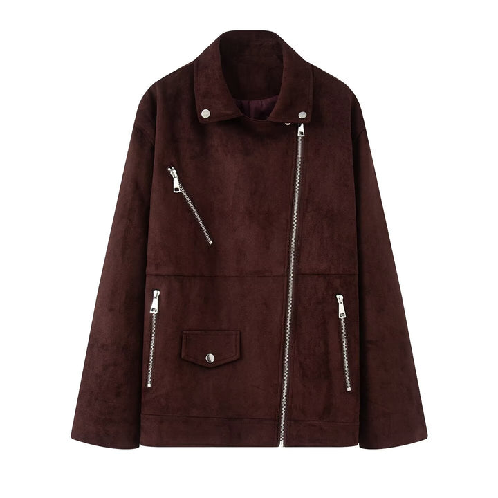Women's long oversized biker jacket in velour look with diagonal zipper and multiple pockets Mune Fashion