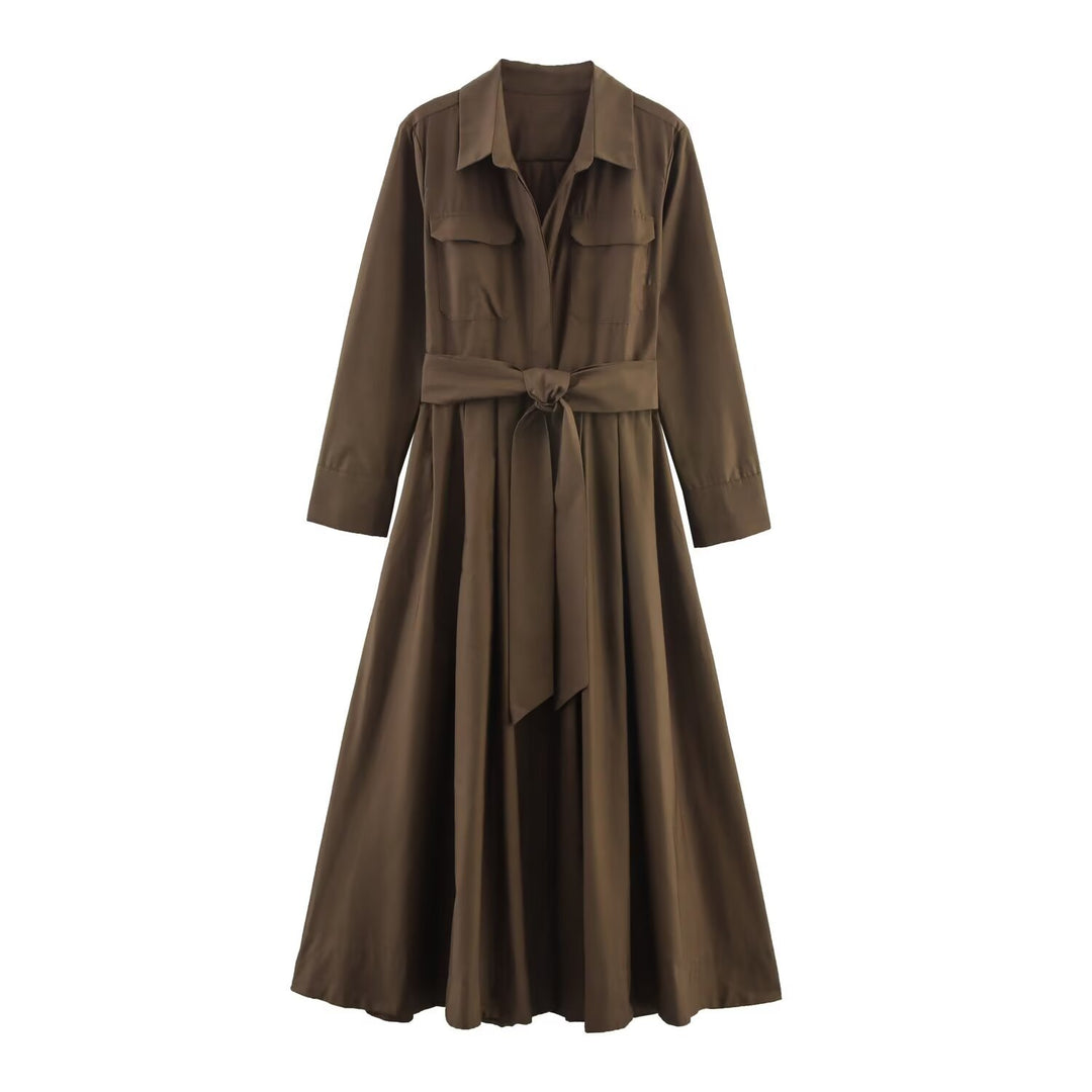 Women's Shirt Dress with Waist Belt and A-Line Skirt Mune Fashion