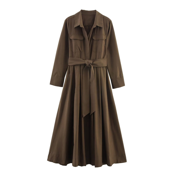 Women's Shirt Dress with Waist Belt and A-Line Skirt Mune Fashion