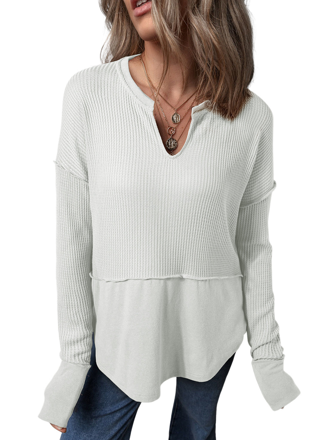 Women Oversized Sweater with Waffle Structure, V-Notch and Dropped Shoulder Mune Fashion
