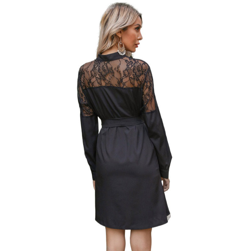 Women Elegant Shirt Dress with Lace Sleeves Mune Fashion