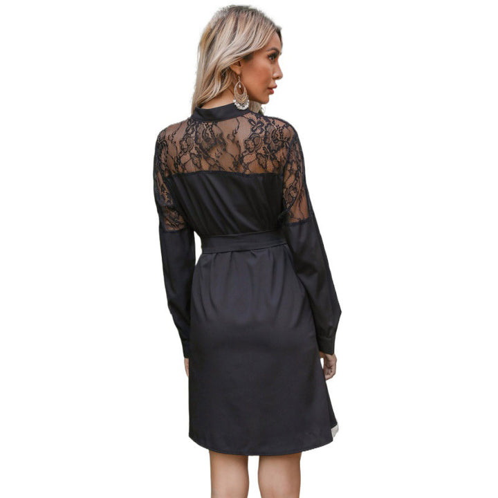 Women Elegant Shirt Dress with Lace Sleeves Mune Fashion