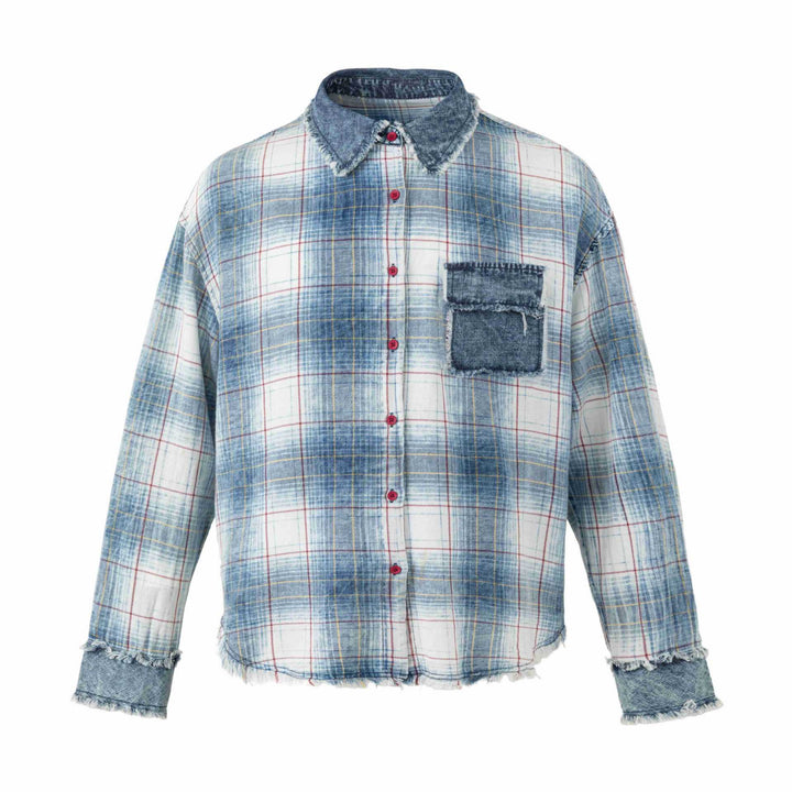 Women's Oversize Checked Shirt Jacket with Denim Applications and Frayed Edges Mune Fashion