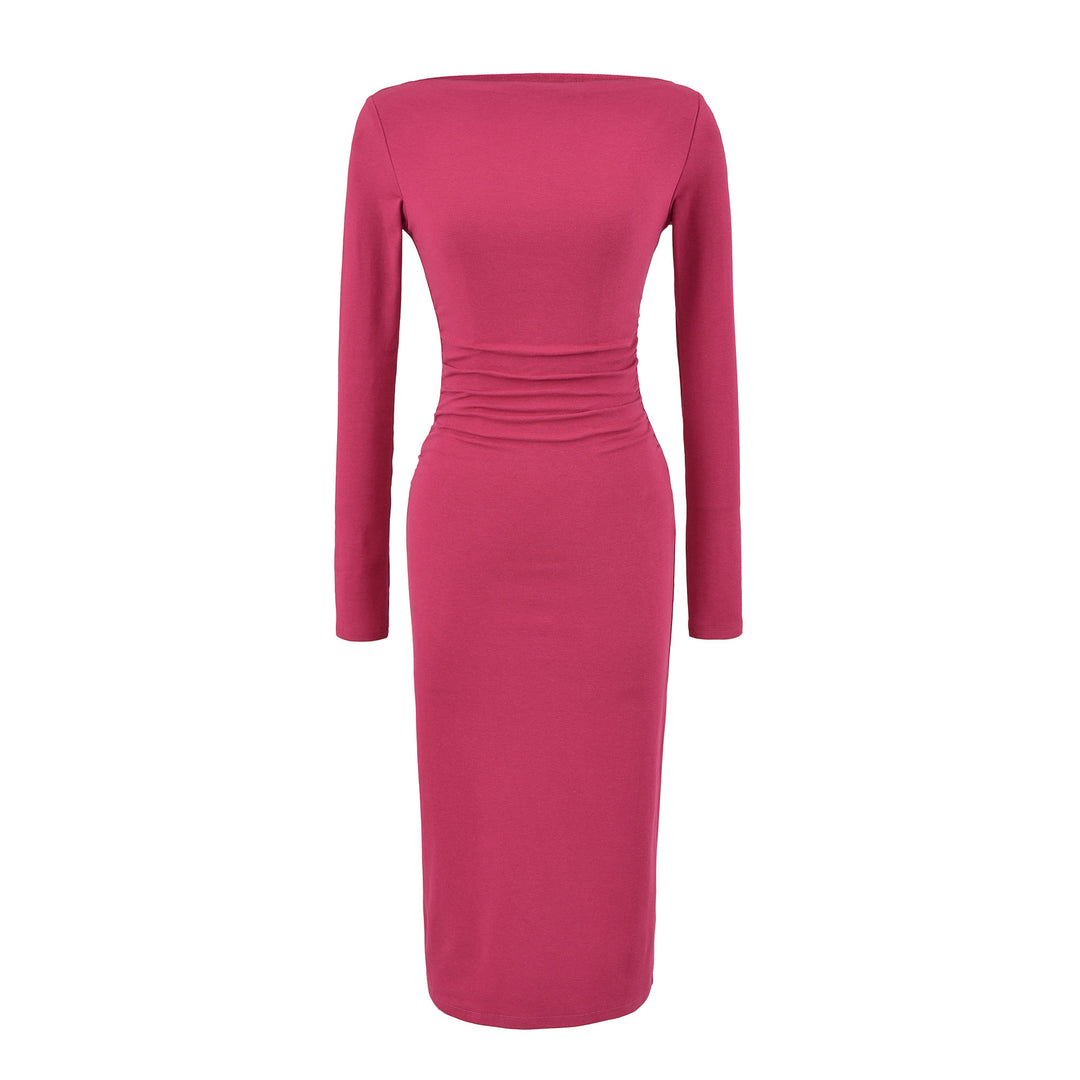 Women Figure-hugging Midi Dress with Gathering and Boat Neck Mune Fashion