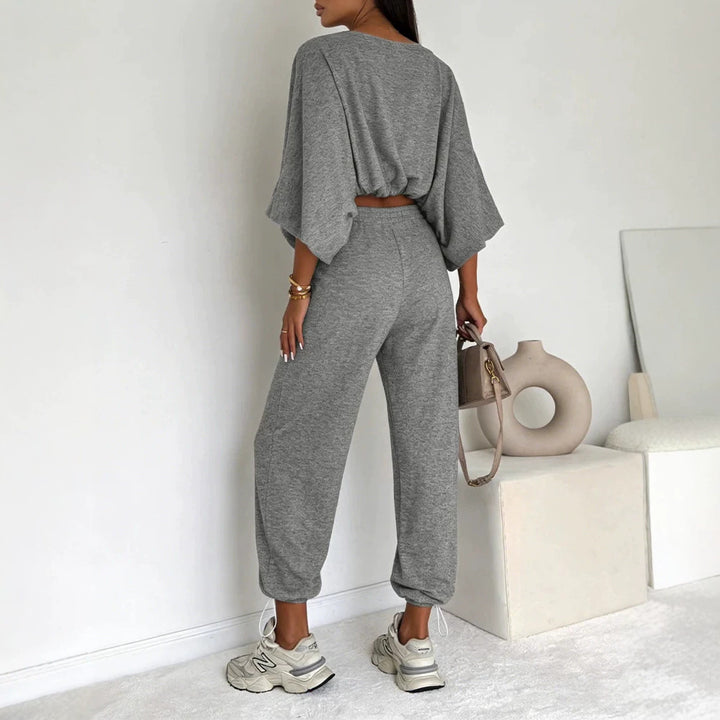 Women Casual Knit Lounge Set with Batwing Sleeves and High-Waist Jogger Pants Drune