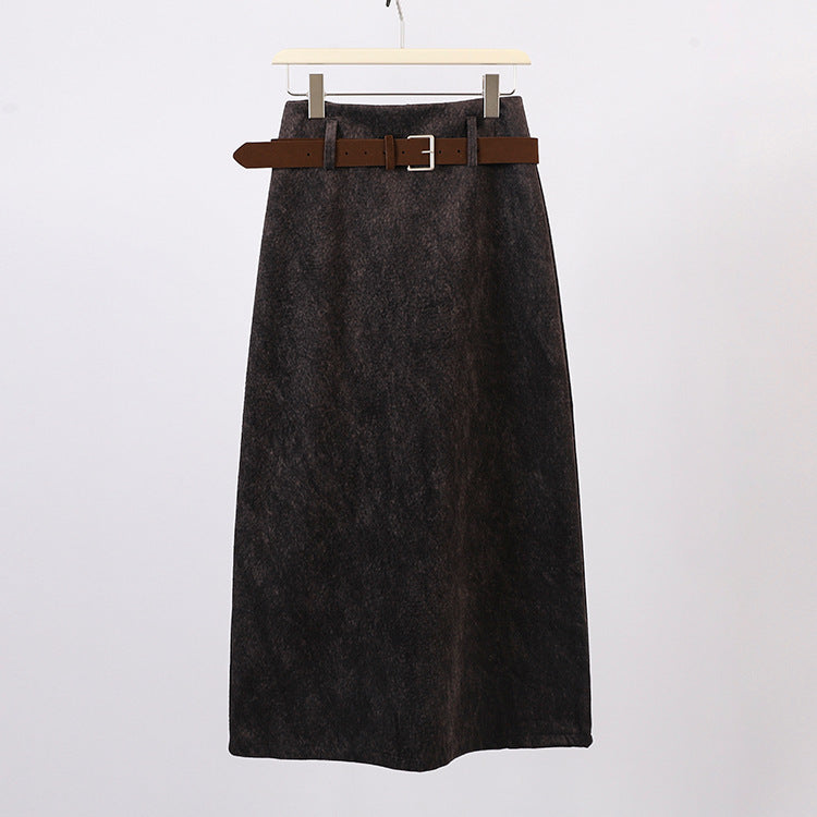 Women's A-line wool blend midi skirt with inset faux leather belt and high waistband Mune Fashion