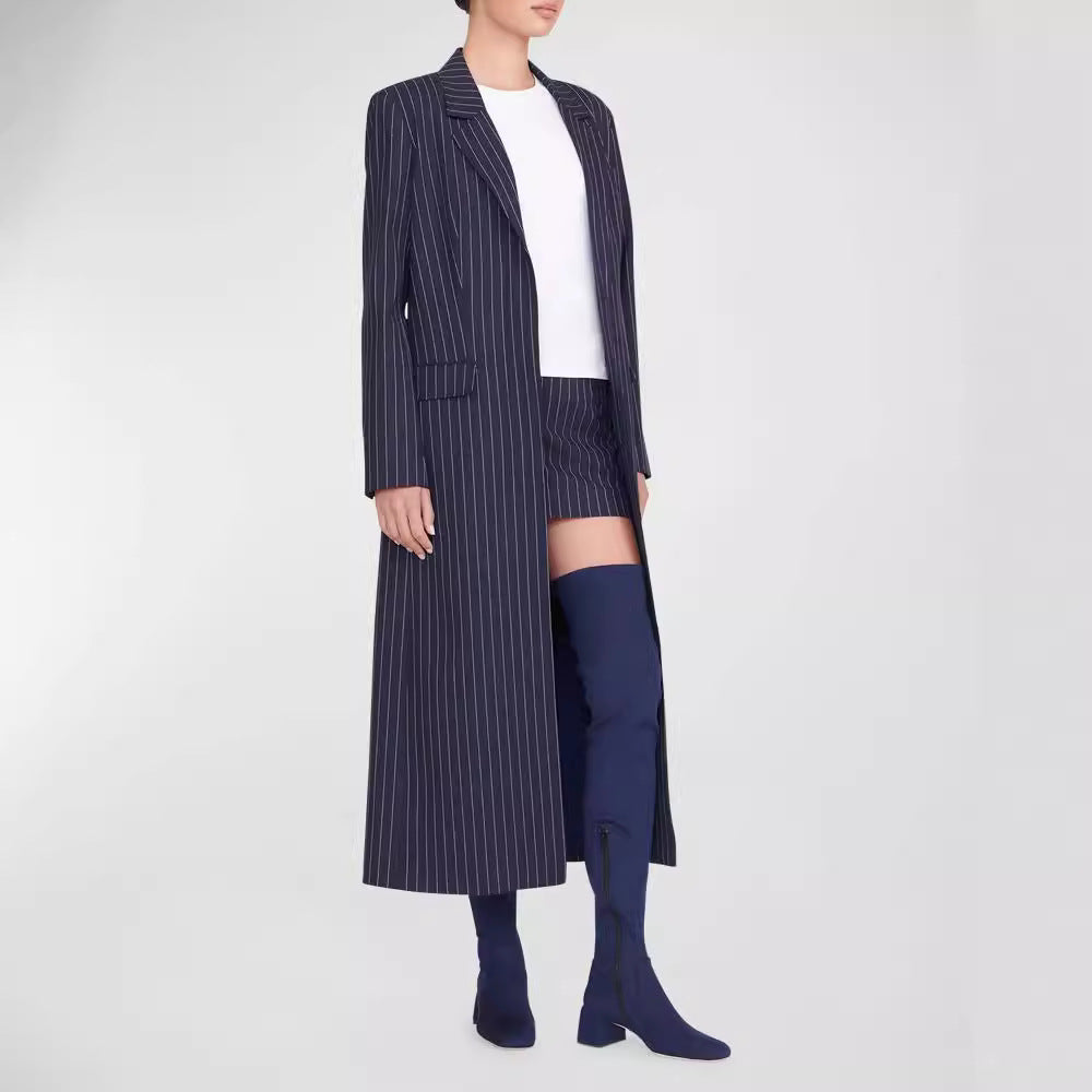 Women's Oversize Longline Coat in Pinstripe Look with Slit and Flap Pockets Mune Fashion