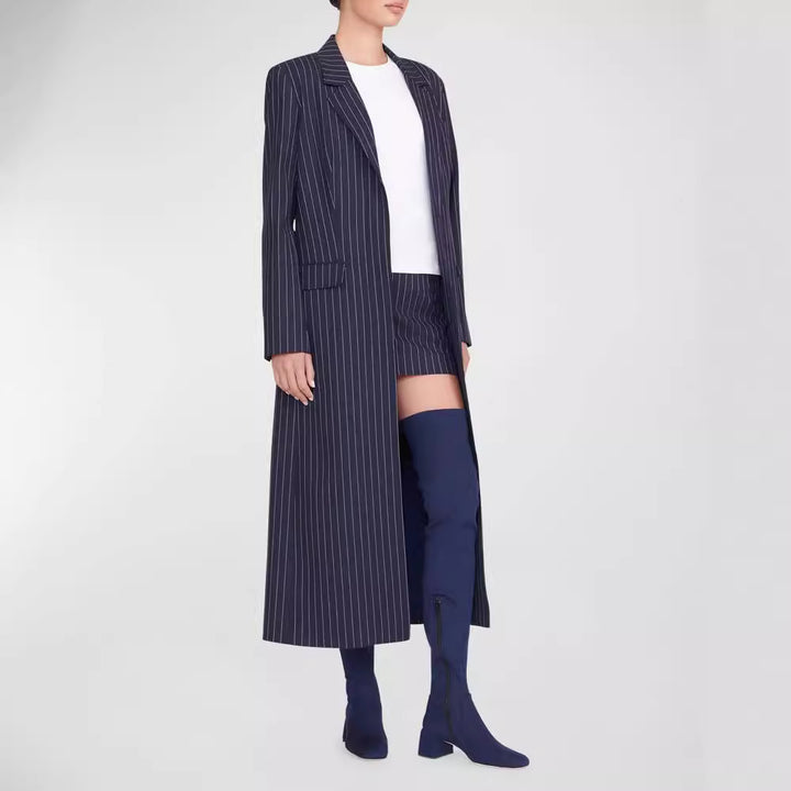 Women's Oversize Longline Coat in Pinstripe Look with Slit and Flap Pockets Mune Fashion