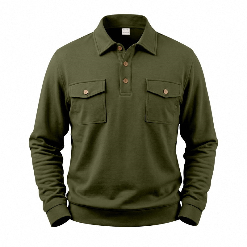 Men's Long Sleeve Polo Shirt with Button Placket and Patch Pockets Mune Fashion