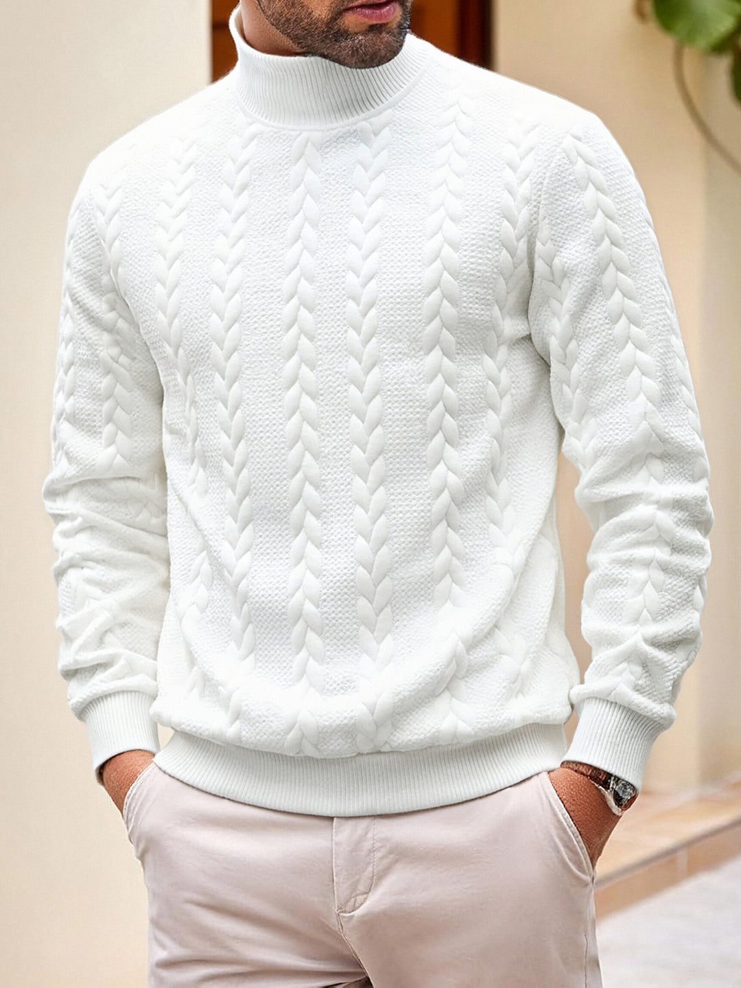 Men's thick knit cable knit sweater with half standing collar and elastic ribbed cuffs Mune Fashion