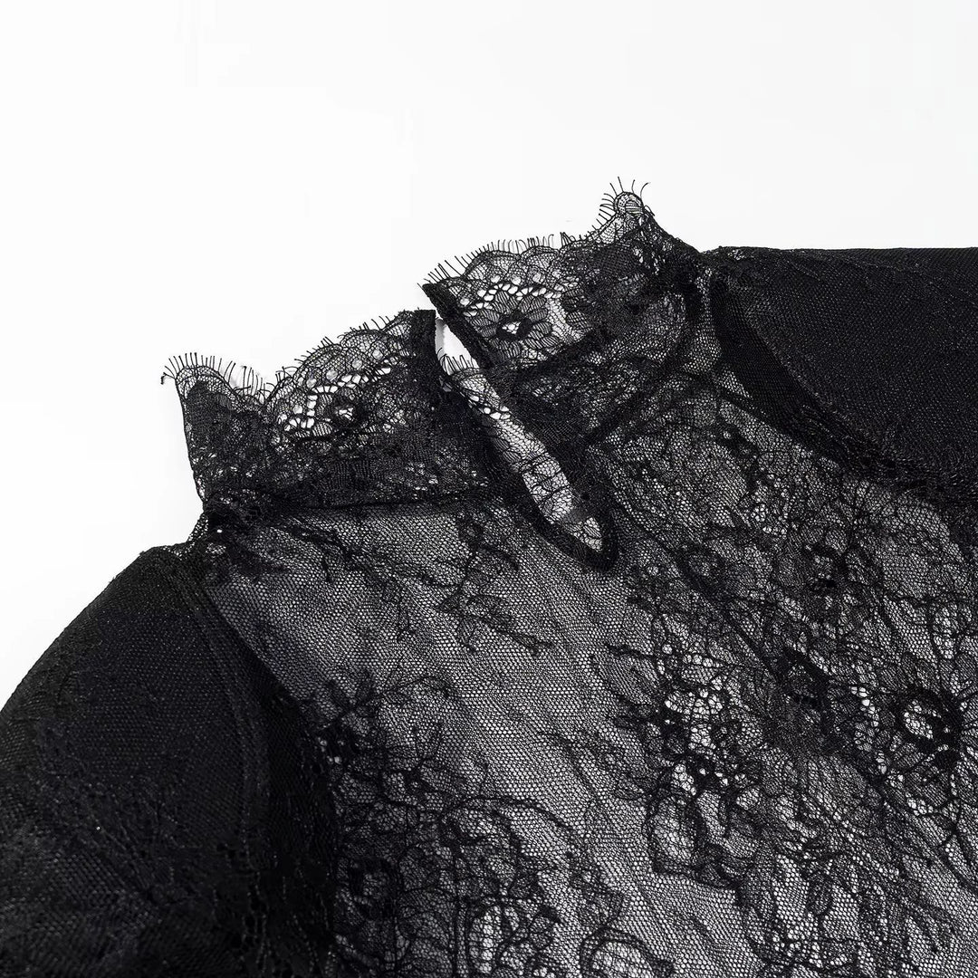 Ladies sheer lace blouse with stand-up collar, tie key and bell sleeves Mune Fashion