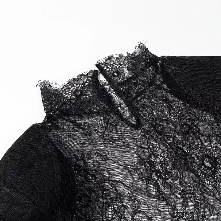 Ladies sheer lace blouse with stand-up collar, tie key and bell sleeves Mune Fashion