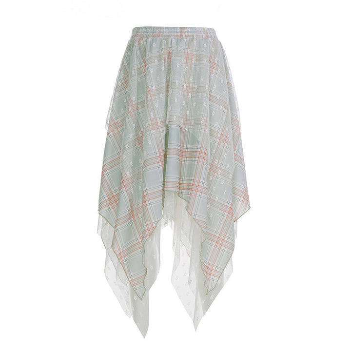 Women asymmetrical layered skirt with checkered underskirt and transparent tulle overlay Mune Fashion