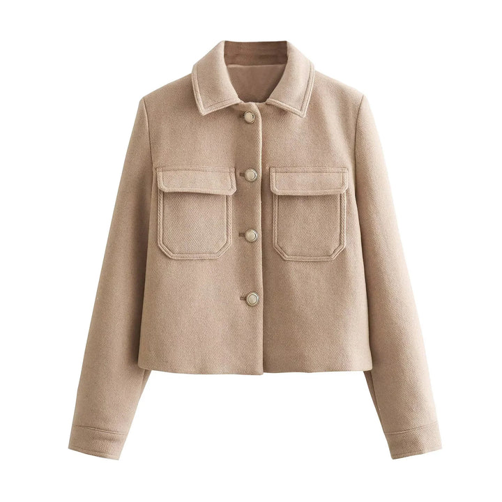 Women's short wool-look boxy jacket with patch pockets and classic collar Mune Fashion