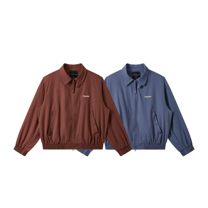 Men's short cut boxy blouson with high stand-up collar, elastic hem and zipper front.