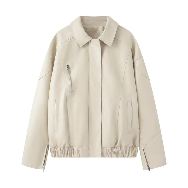 Women nan oversized faux leather bomber jacket with elastic hem and angled zip pocket Mune Fashion