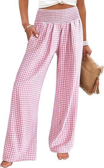 Women Lightweight Palazzo Pants with Smocking Waist, Wide Leg and Check Print Mune Fashion
