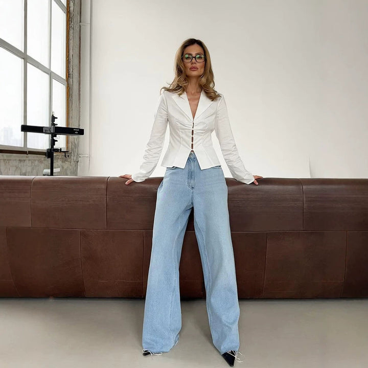 Women's Tailored Poplin Shirt Blouse with Corset Seams & Hook Front Mune Fashion