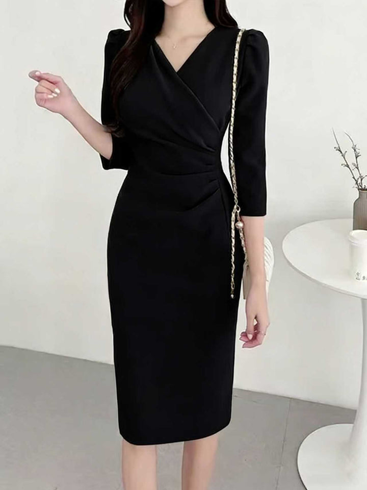 Women's Elegant Tailored Draped Bodycon Dress with Asymmetrical Wrap Look and 3/4 Sleeves Drune