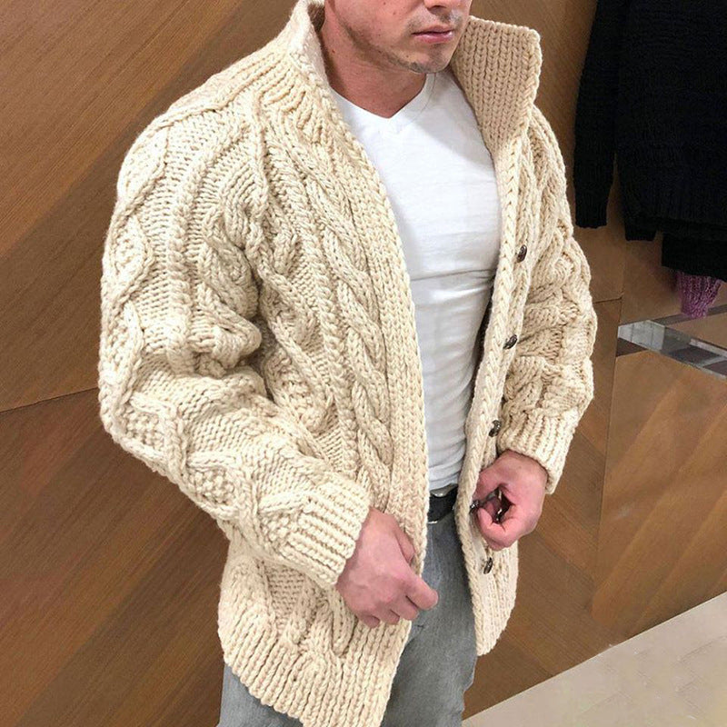 Men's Chunky Cable Knit Cardigan with High Standing Collar and Horn Buttons Mune Fashion