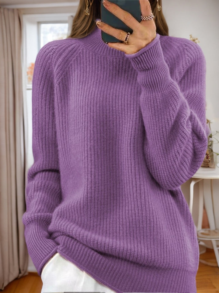 Women's cozy knitted sweater with stand-up collar and ribbed structure Mune Fashion