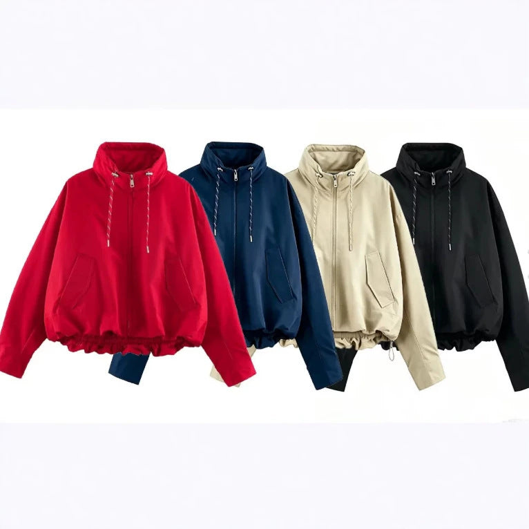 Women’s Oversize Cropped Hooded Jacket with Full Zip, Drawstring and Gathered Hem Mune Fashion