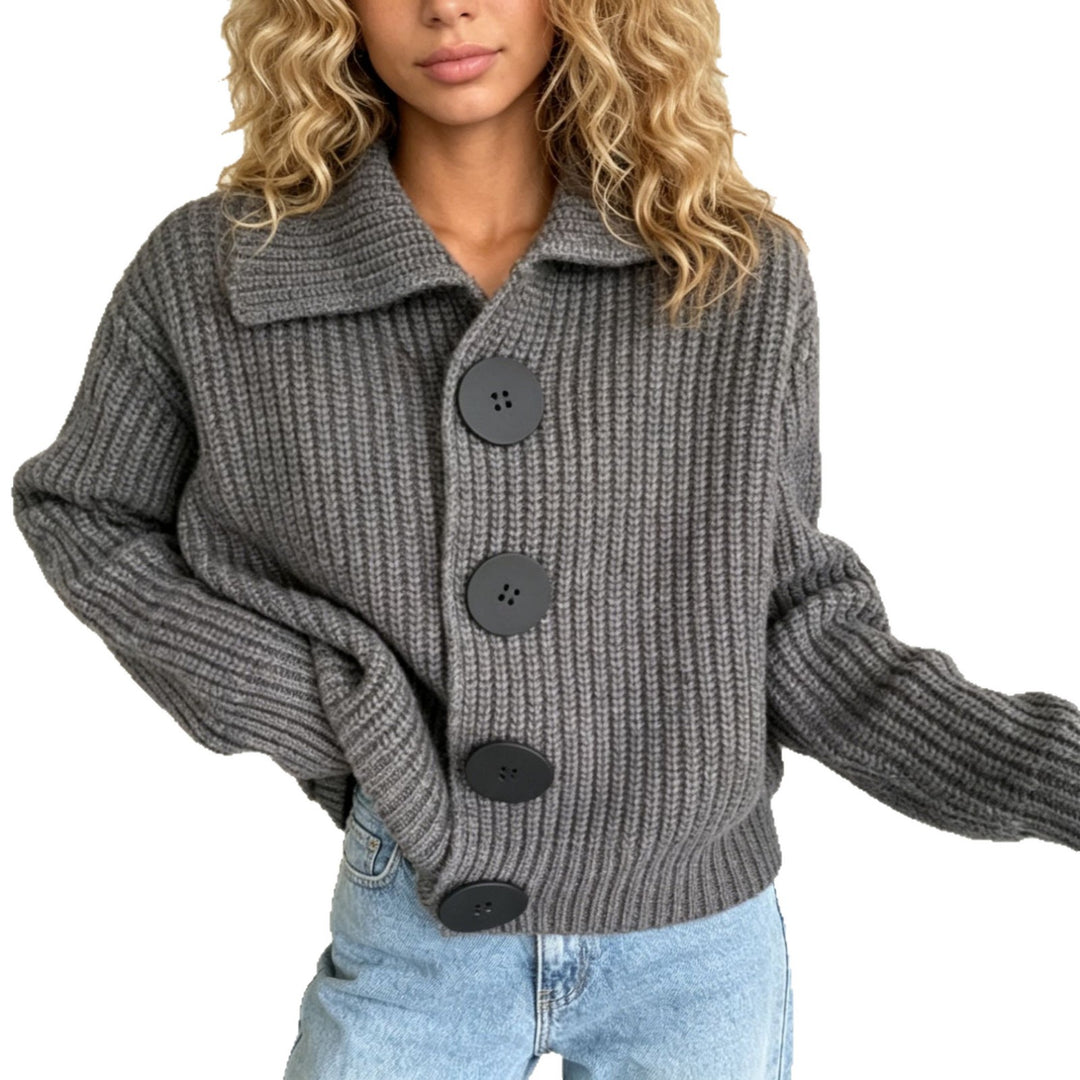 Women Chunky Knit Cardigan with Wide Lapel Collar Mune Fashion