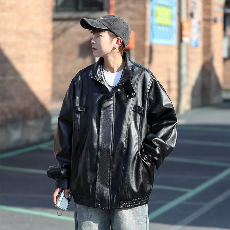 Men's Oversized Faux Leather Bomber Jacket with Stand Collar and Elastic Hem Mune Fashion