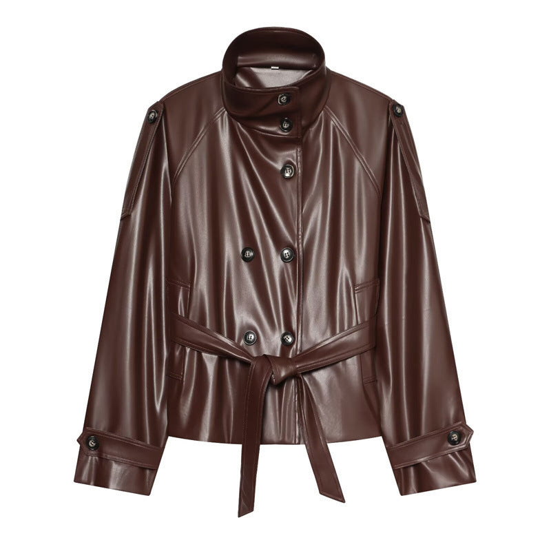 Women's Cropped Faux Leather Blouson with High Collar, Double Button Placket and Tie Belt Mune Fashion