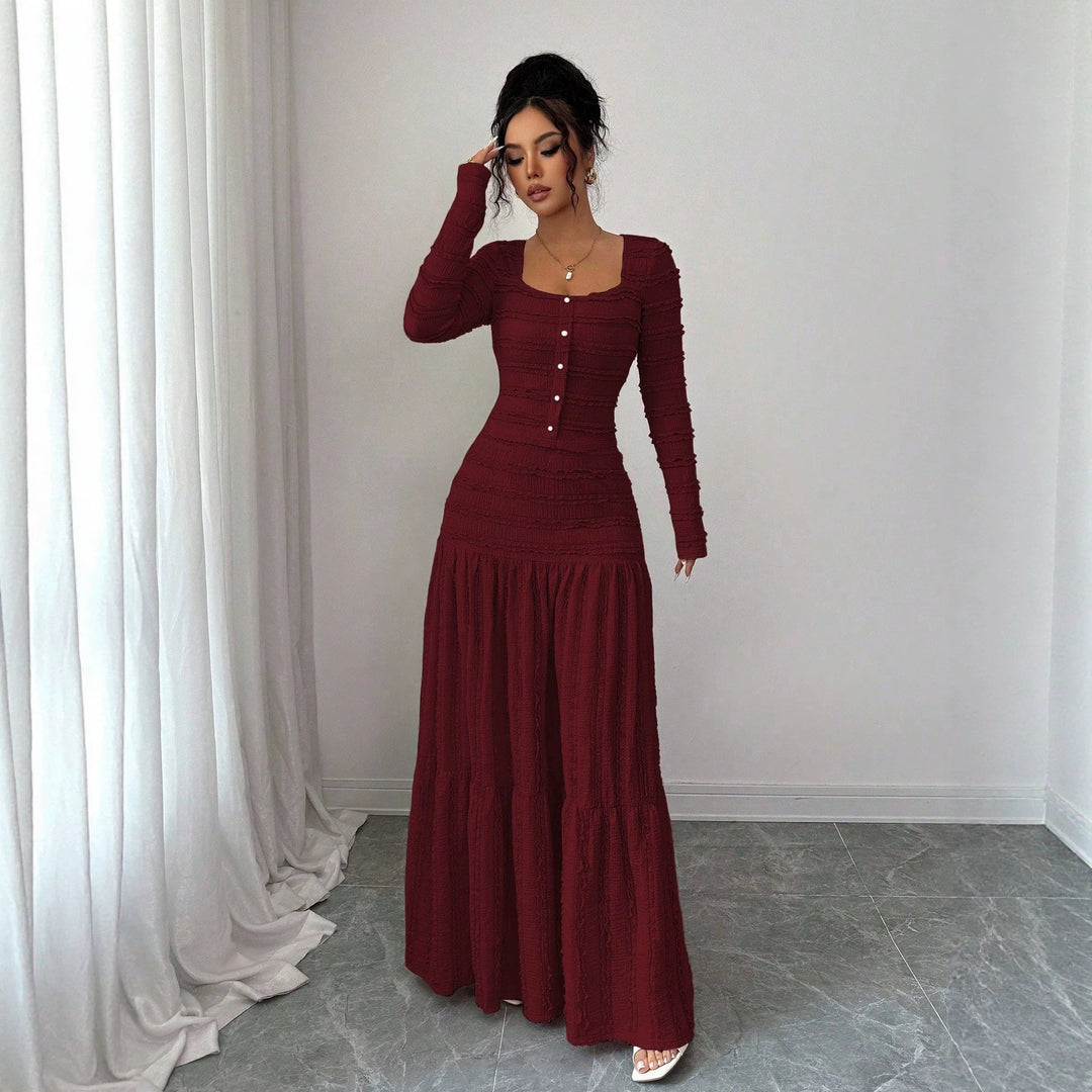 Women's fitted structured maxi dress with square neckline and button placket Mune Fashion