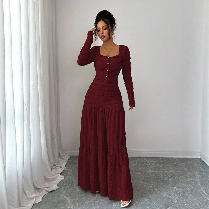Women's Figure-Hugging Ruffle Maxi Dress with Square Neckline and Button Placket Mune Fashion