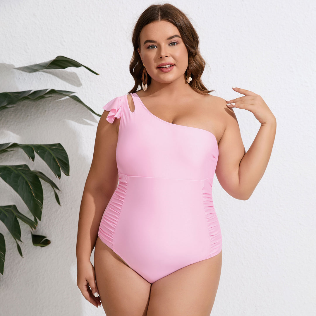 Women's One-Piece Swimsuit with Asymmetrical Cut and Floral Overlay Mune Fashion