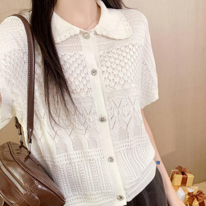 Women Short Sleeve Cardigan with Peter Pan Collar and Openwork Pattern Mune Fashion