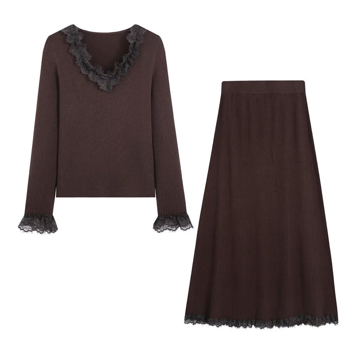 Women Two-Piece Ribbed Knit Set with Lace Trim Mune Fashion